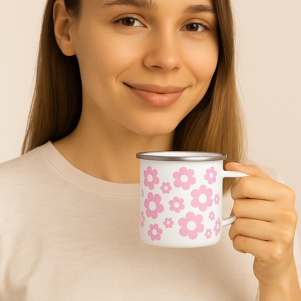 Pink Flowers Enamel Mug
