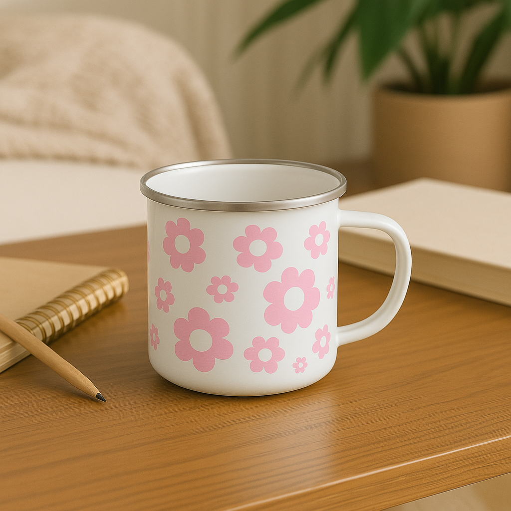 Pink Flowers Enamel Mug